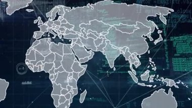 Animation of world map over network of connections and data processing. Global technology, computing and digital interface concept digitally generated video.