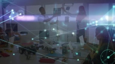 Animation of network of connections over diverse students and teachers in engineering lab. Global education and digital interface concept digitally generated video.