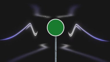 Animation of green sing over geometrical neon shapes on dark background. Music, entertainment and technology concept digital composite image.