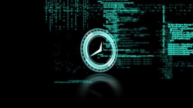 Animation of clock over data processing on black background. Data processing, computers, time and technology concept digitally generated video.