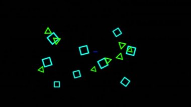 Animation of digital thank you text with graphical triangular and square shapes on black background. Copy space, hologram, digitally generated, multiple exposure, greeting and appreciation concept.