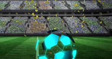 Animation of neon soccer ball over sport stadium and confetti. , soccer, sport, tournament and cheering concept digitally generated video.