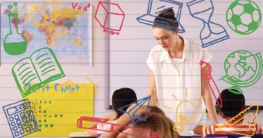 Animation of education and school icons over diverse schoolchildren and caucasian female teacher. Education, learning and school concept digitally generated video.
