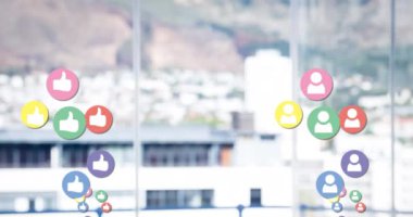 Animation of social media reactions over cityscape. Social media, communication and technology concept digitally generated video.