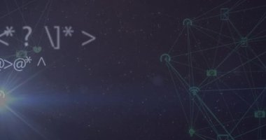 Karanlık arka planda bağlantı ağının animasyonu. Küresel bilim, bağlantılar, veri işleme ve dijital arayüz kavramı dijital olarak oluşturulmuş video.