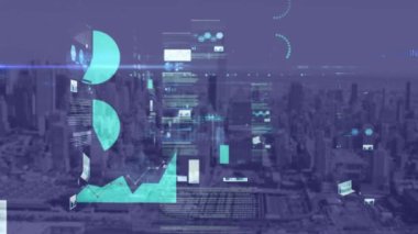 Animation of data processing and light trails over cityscape. Global technology, computing and digital interface concept digitally generated video.
