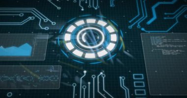 Sunucu odasında veri işleme animasyonu. Küresel bilim, bağlantılar, veri işleme ve dijital arayüz kavramı dijital olarak oluşturulmuş video.