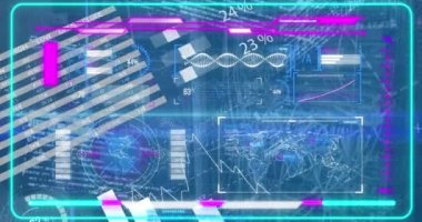 Animation of moving graphs, dna helix, map and programming data over graphical infographic interface. Hologram, digitally generated, multiple exposure, code, genetic, futuristic, technology.