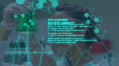 Animation of molecules and data processing over caucasian scientist in lab. global science, computing and digital interface concept digitally generated video.