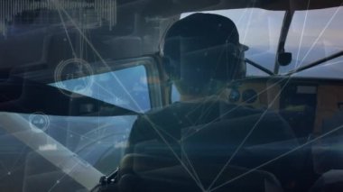 Animation of network of connections over plain pilot. Global science, connections, data processing and digital interface concept digitally generated video.