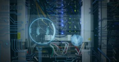 Animation of digital scope over server room. Global science, connections, data processing and digital interface concept digitally generated video.