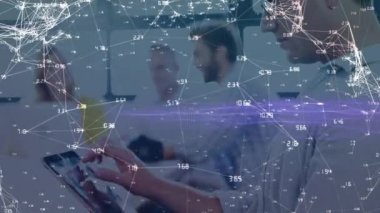 Animation of network of connections over caucasian business people in office. Global business and digital interface concept digitally generated video.