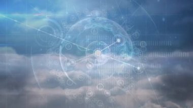 Animation of data processing, globe and network of connections over clouds. global connections, network and data processing concept digitally generated video.