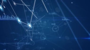 Animation of network of connections with glowing spots and data processing on black background. Global technology, computing and digital interface concept digitally generated video.