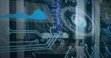 Animation of digital scope over server room. Global science, connections, data processing and digital interface concept digitally generated video.