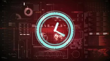 Animation of scope scanning with clock over data processing on red background. global technology, data processing and digital interface concept digitally generated video.