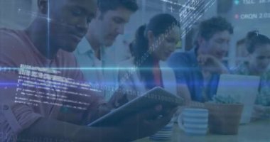 Animation of financial data processing and stock market over diverse business people. global business, finances and digital interface concept digitally generated video.