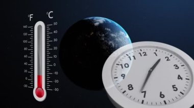 Animation of digital thermometer and moving clock over globe. Global technology, computing and digital interface concept digitally generated video.