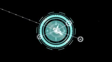 Animation of network of connections with icons over clock. Global business and digital interface concept digitally generated video.