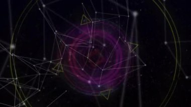 Karanlık arkaplan üzerindeki dünya ve bağlantılar ağının animasyonu. küresel bağlantılar, iş dünyası, dijital arayüz, teknoloji ve ağ konsepti dijital olarak oluşturulmuş video.