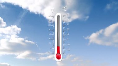 Animation of digital thermometer over sky with clouds. Global technology, computing and digital interface concept digitally generated video.