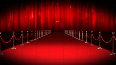 Kırmızı halıdaki yazı, animasyon. ödüller ve eğlence konsepti dijital olarak oluşturulmuş video.