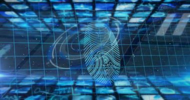 Animation of finger print over screens. Global internet security, data processing, connections and digital interface concept digitally generated video.