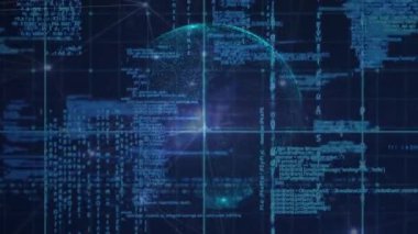 Animation of globe over network of connections with data processing. Global technology, computing and digital interface concept digitally generated video.