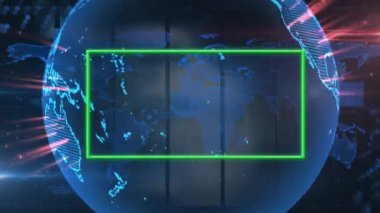 Animation of frame with globe and world map over window. Global technology, computing and digital interface concept digitally generated video.