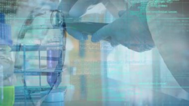 Animation of dna strand and data processing over caucasian female scientist in lab. Global science, computing and digital interface concept digitally generated video.