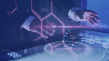 Animation of scientific data and dna over hands of caucasian man using touchscreen. Science, human biology, data processing and technology concept digitally generated video.