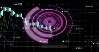 Animation of purple circle, numbers and graphs on black background. Computers, data processing and technology concept digitally generated video.
