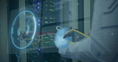 Animation of data processing over caucasian server room worker. Global science, connections, data processing and digital interface concept digitally generated video.