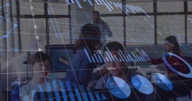 Animation of graphs over diverse coworkers in office. Business, finance and economy concept digitally generated video.