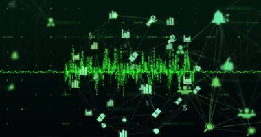 Animation of icons and network of connections over dark background. Global business, finances, data processing and digital interface concept digitally generated video.