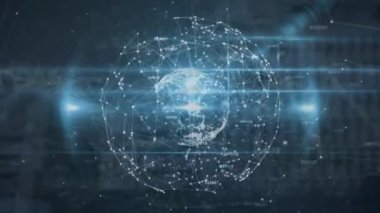 Karanlık arkaplan üzerindeki dünya ve bağlantılar ağının animasyonu. küresel bağlantılar, iş dünyası, dijital arayüz, teknoloji ve ağ konsepti dijital olarak oluşturulmuş video.