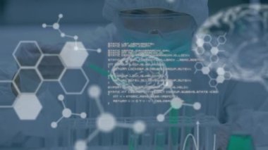 Animation of digital brain, molecules and data processing over caucasian scientist in lab. global science, computing and digital interface concept digitally generated video.