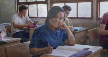Animation of globe and graph over happy biracial girls and class of diverse pupils. School, education and learning with technology concept digitally generated video.