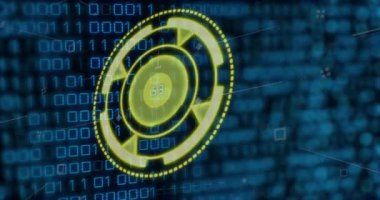 Animation of yellow circle with numbers over binary code. Computers, data processing and technology concept digitally generated video.