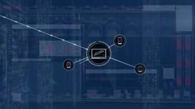 Animated network of computers, mobile icons connecting with lines against statistic data. Digital composite, multiple exposure, connect the dots, telecommunication, marketing, social media concept.