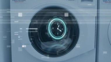 Animation of clock with icons over washing machine. Global science, connections, data processing and digital interface concept digitally generated video.