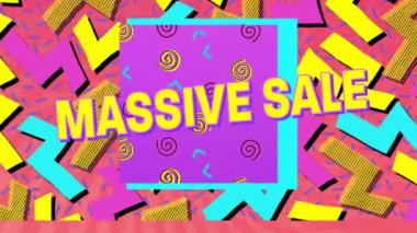Animation of massive sale text over abstract sunburst template with shapes. Digital composite, advertisement, communication, illustration, holiday and seasonal, marketing, creativity, sign concept.
