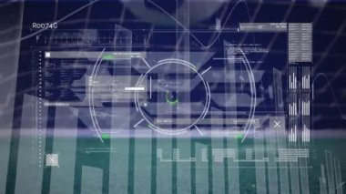 Digital interface with data processing and scope scanning over soccer ball o n grass field. sports and technology concept