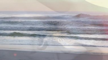Composite video of waving argentina flag against beach and sea waves. National tourism and travel concept
