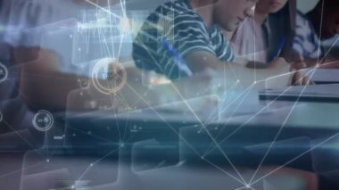 Animation of network of connections over students in classroom. education and learning concept digitally generated video.