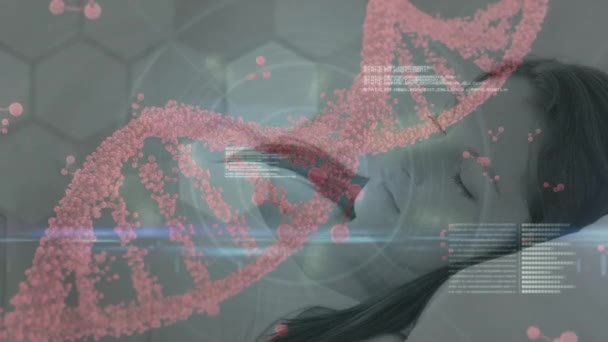 Animation Data Processing Dna Strand Caucasian Woman Sleeping Global Technology — Wideo stockowe