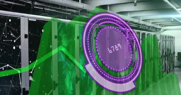 Анімація Фіолетового Кола Числами Над Графами Серверами Комп Ютери Обробка — стокове відео