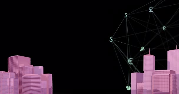 Animation Digital Network Connections Icons Pink Cityscape Model Global Networks — Video