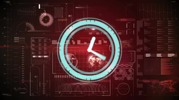 Animation Scope Scanning Clock Data Processing Red Background Global Technology — Stock video