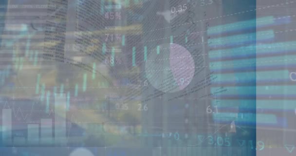 Animation Graphs Data Cityscape Global Finance Economy Concept Digitally Generated — Stockvideo